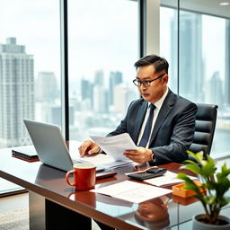 A professional loan officer sitting at a sleek office desk, reviewing financial documents