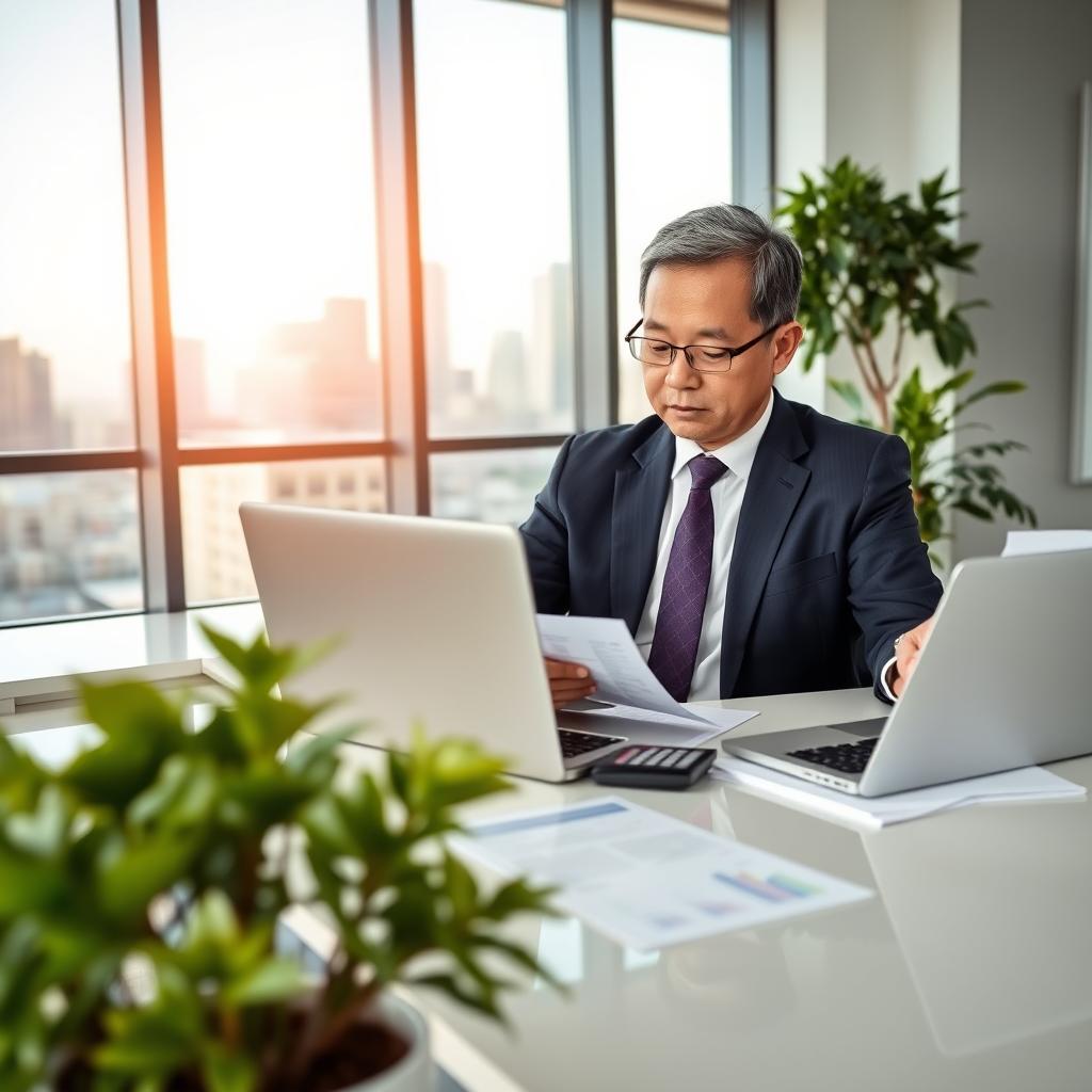 A professional loan officer sitting at a sleek office desk, reviewing financial documents