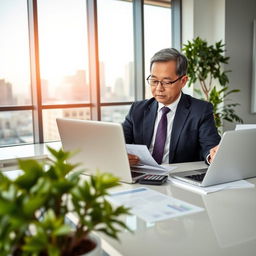 A professional loan officer sitting at a sleek office desk, reviewing financial documents
