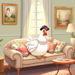 A charming illustration of a chicken sitting elegantly on a stylish living room sofa, resembling a refined lady