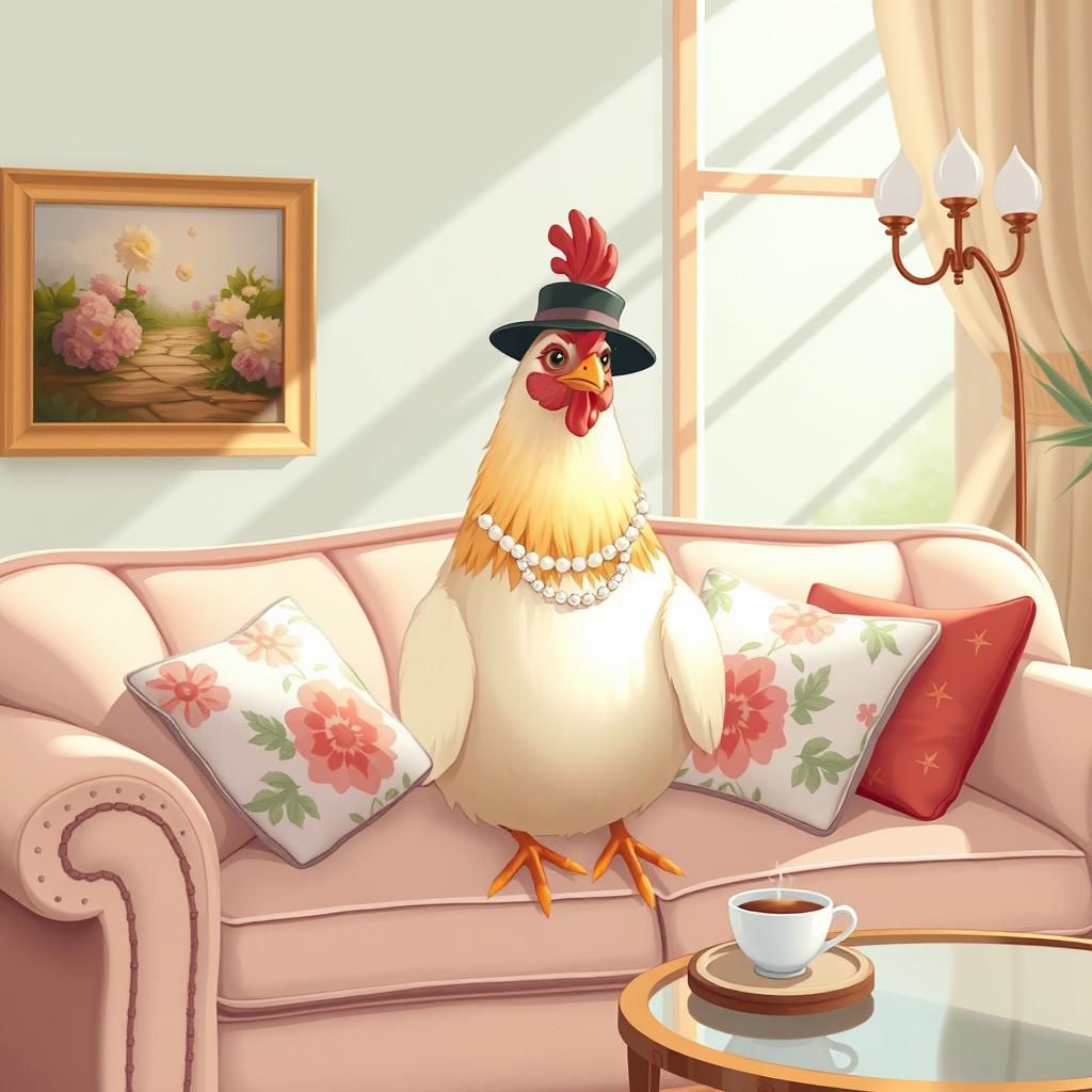 A charming illustration of a chicken sitting elegantly on a stylish living room sofa, resembling a refined lady