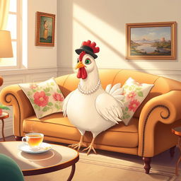 A charming illustration of a chicken sitting elegantly on a stylish living room sofa, resembling a refined lady