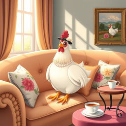 A charming illustration of a chicken sitting elegantly on a stylish living room sofa, resembling a refined lady