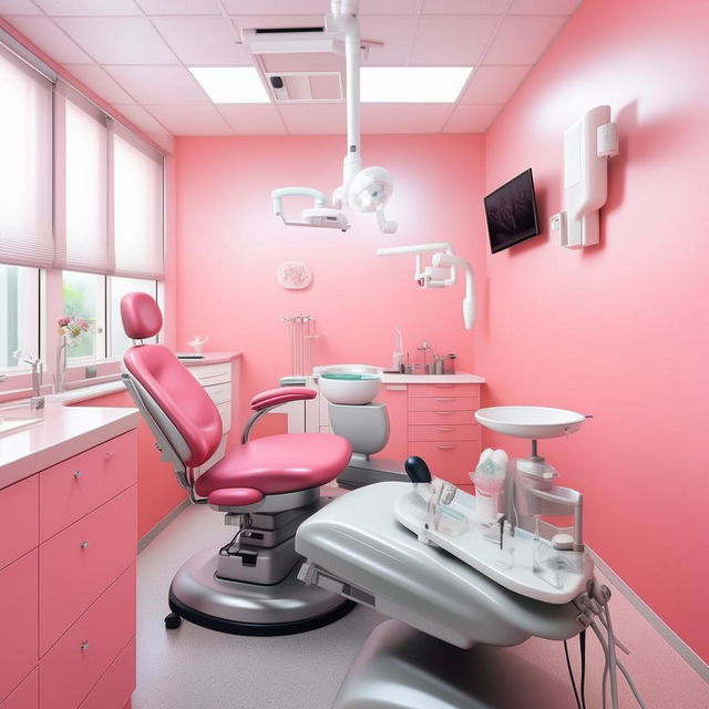 A well-organized dental unit with a feminine touch, featuring a pink dental chair, gray flooring, and white walls. The unit is equipped with modern dental tools and technology, providing a clean, professional, and inviting atmosphere.