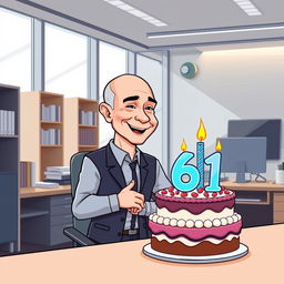 A cartoon-style vector illustration of Jeff Bezos blowing out the birthday candle on a cake that has the number 61 displayed prominently