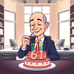 A cartoon-style vector illustration of Jeff Bezos blowing out the birthday candle on a cake that has the number 61 displayed prominently