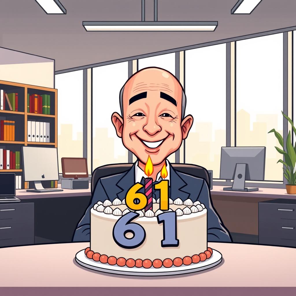 A cartoon-style vector illustration of Jeff Bezos blowing out the birthday candle on a cake that has the number 61 displayed prominently