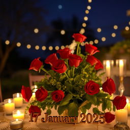 A warm and inviting nighttime scene featuring a beautifully decorated table with candles lit around it