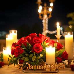 A warm and inviting nighttime scene featuring a beautifully decorated table with candles lit around it