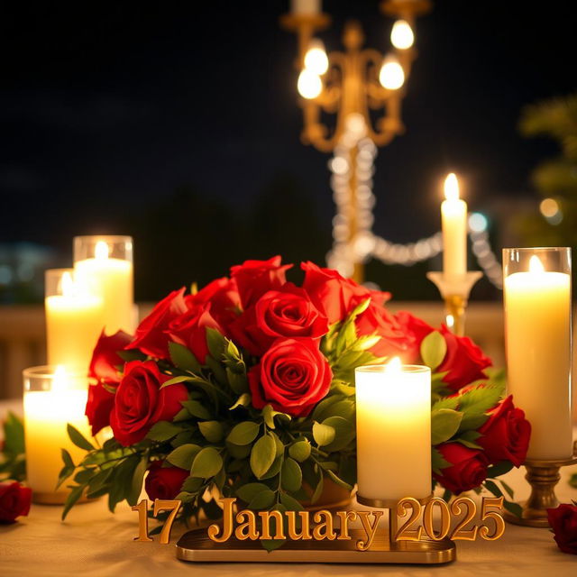 A warm and inviting nighttime scene featuring a beautifully decorated table with candles lit around it