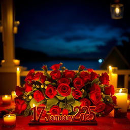A warm and inviting nighttime scene featuring a beautifully decorated table with candles lit around it