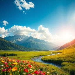 A vibrant and dynamic digital photo of a scenic landscape featuring a majestic mountain range under a clear blue sky, with fluffy white clouds hovering above