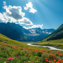 A vibrant and dynamic digital photo of a scenic landscape featuring a majestic mountain range under a clear blue sky, with fluffy white clouds hovering above