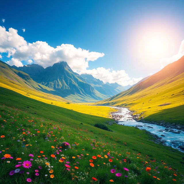 A vibrant and dynamic digital photo of a scenic landscape featuring a majestic mountain range under a clear blue sky, with fluffy white clouds hovering above