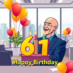 A vector style logo design featuring Jeff Bezos in a modern office setting, blowing out birthday candles on the number 61