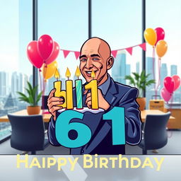 A vector style logo design featuring Jeff Bezos in a modern office setting, blowing out birthday candles on the number 61