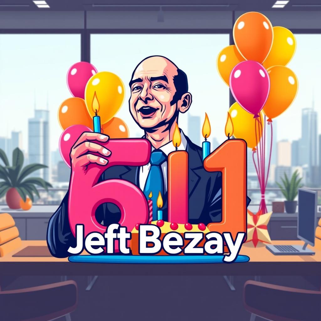 A vector style logo design featuring Jeff Bezos in a modern office setting, blowing out birthday candles on the number 61