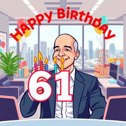 A vector style logo design featuring Jeff Bezos in a modern office setting, blowing out birthday candles on the number 61