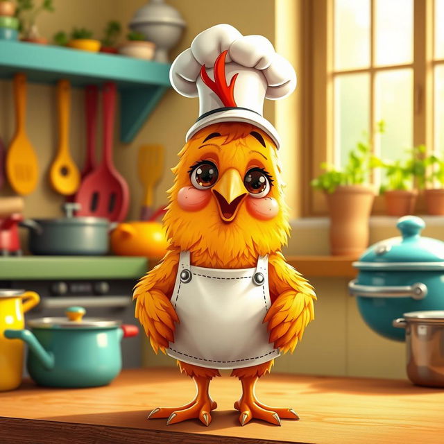 A whimsical and anthropomorphic piece featuring a standing fried chicken character with golden, crispy skin, bright expressive eyes, and cartoonish features, wearing a tiny chef's hat and apron, standing proudly in a vibrant kitchen setting with colorful utensils, pots, and pans