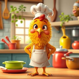 A whimsical and anthropomorphic piece featuring a standing fried chicken character with golden, crispy skin, bright expressive eyes, and cartoonish features, wearing a tiny chef's hat and apron, standing proudly in a vibrant kitchen setting with colorful utensils, pots, and pans