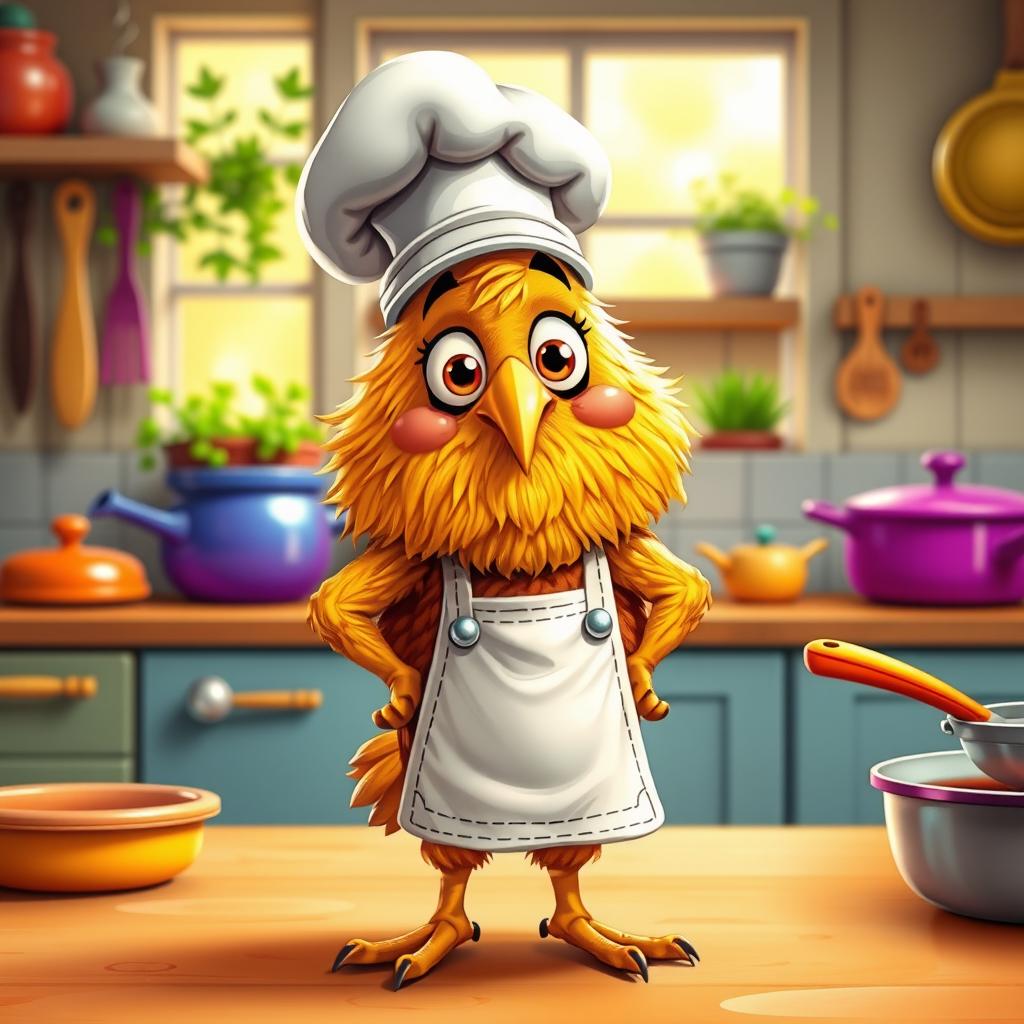 A whimsical and anthropomorphic piece featuring a standing fried chicken character with golden, crispy skin, bright expressive eyes, and cartoonish features, wearing a tiny chef's hat and apron, standing proudly in a vibrant kitchen setting with colorful utensils, pots, and pans