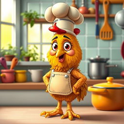 A whimsical and anthropomorphic piece featuring a standing fried chicken character with golden, crispy skin, bright expressive eyes, and cartoonish features, wearing a tiny chef's hat and apron, standing proudly in a vibrant kitchen setting with colorful utensils, pots, and pans