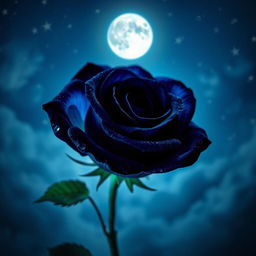 A vibrant, dark blue rose illuminated by moonlight against a night sky backdrop