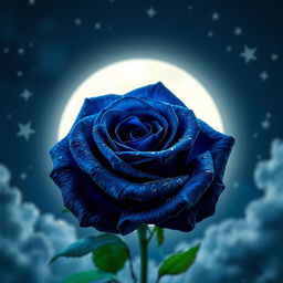 A vibrant, dark blue rose illuminated by moonlight against a night sky backdrop