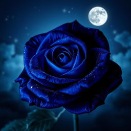 A vibrant, dark blue rose illuminated by moonlight against a night sky backdrop