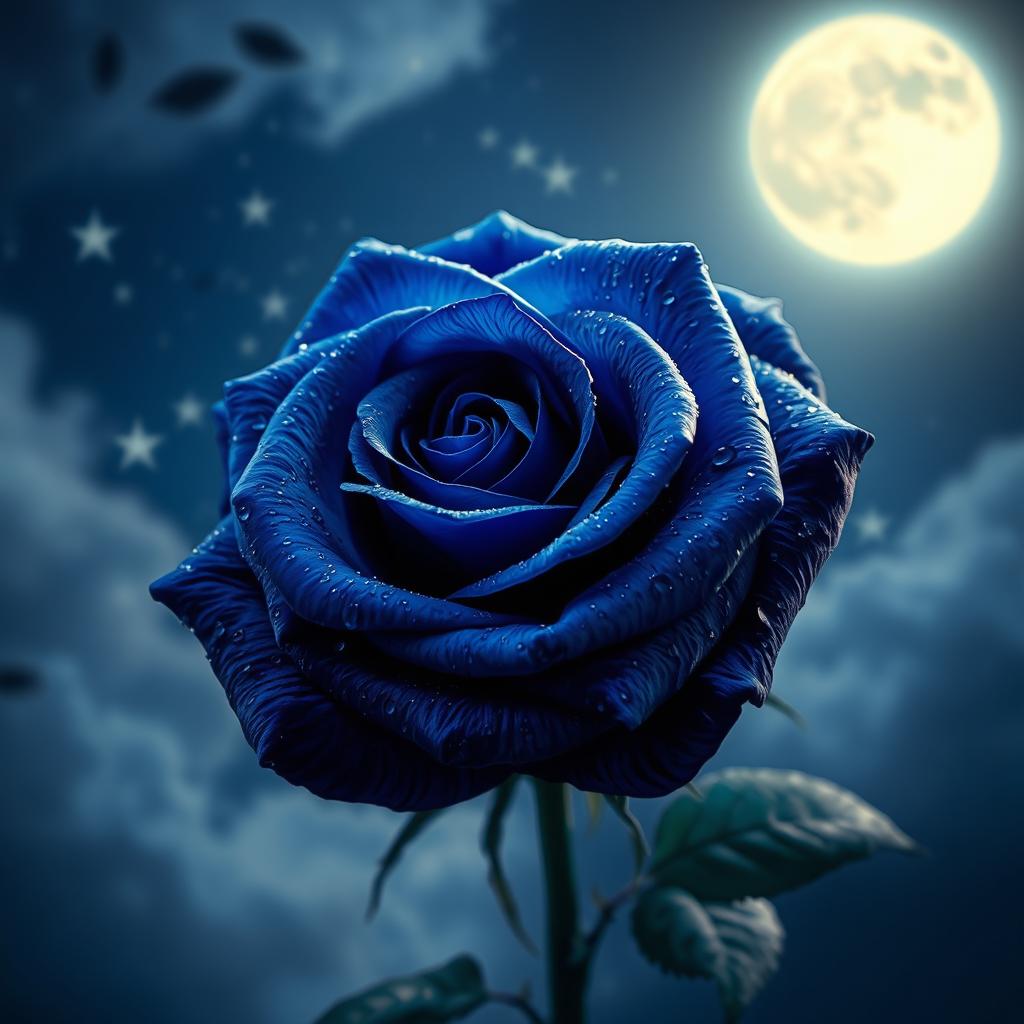 A vibrant, dark blue rose illuminated by moonlight against a night sky backdrop