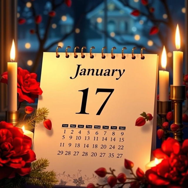 A beautifully designed calendar page for January 17, 2025, set in a cozy night scene