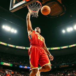 A tall basketball player in action, wearing a vibrant team uniform with bold colors