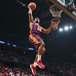 A tall basketball player in action, wearing a vibrant team uniform with bold colors