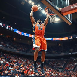 A tall basketball player in action, wearing a vibrant team uniform with bold colors