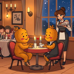 A whimsical and humorous scene depicting two anthropomorphized pieces of fried chicken on a blind date at a cozy, romantic restaurant