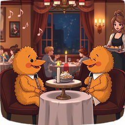A whimsical and humorous scene depicting two anthropomorphized pieces of fried chicken on a blind date at a cozy, romantic restaurant