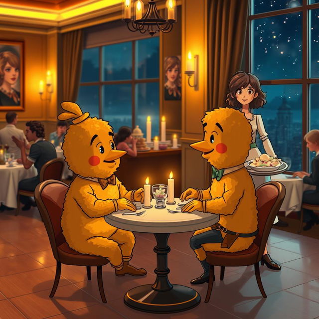 A whimsical and humorous scene depicting two anthropomorphized pieces of fried chicken on a blind date at a cozy, romantic restaurant
