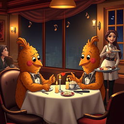 A whimsical and humorous scene depicting two anthropomorphized pieces of fried chicken on a blind date at a cozy, romantic restaurant