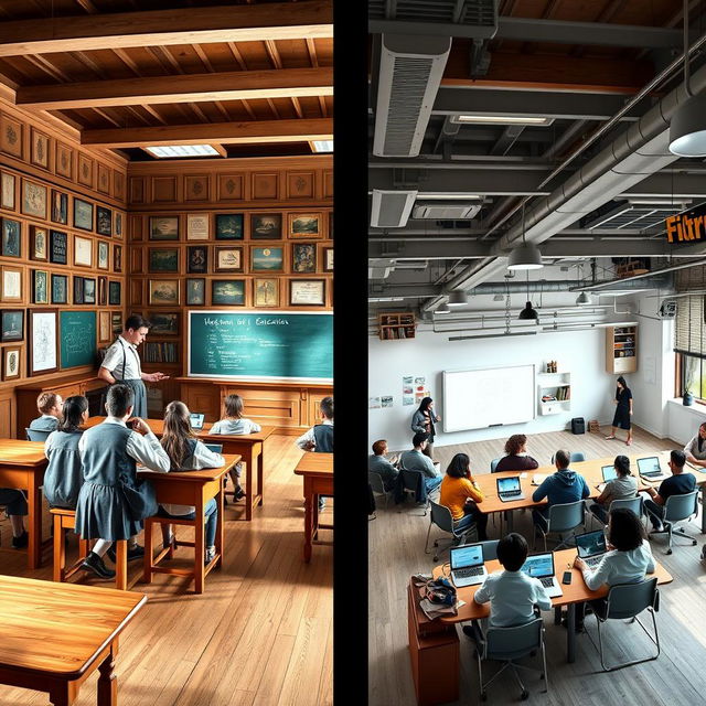 A visually striking image depicting the transition from traditional education methods to modern learning environments