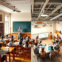 A visually striking image depicting the transition from traditional education methods to modern learning environments