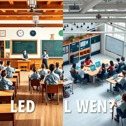 A visually striking image depicting the transition from traditional education methods to modern learning environments
