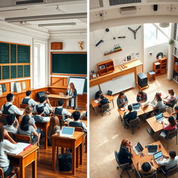 A visually striking image depicting the transition from traditional education methods to modern learning environments