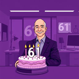 A vector illustration of Jeff Bezos celebrating his 61st birthday in a modern office setting
