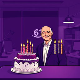 A vector illustration of Jeff Bezos celebrating his 61st birthday in a modern office setting
