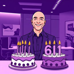 A vector illustration of Jeff Bezos celebrating his 61st birthday in a modern office setting