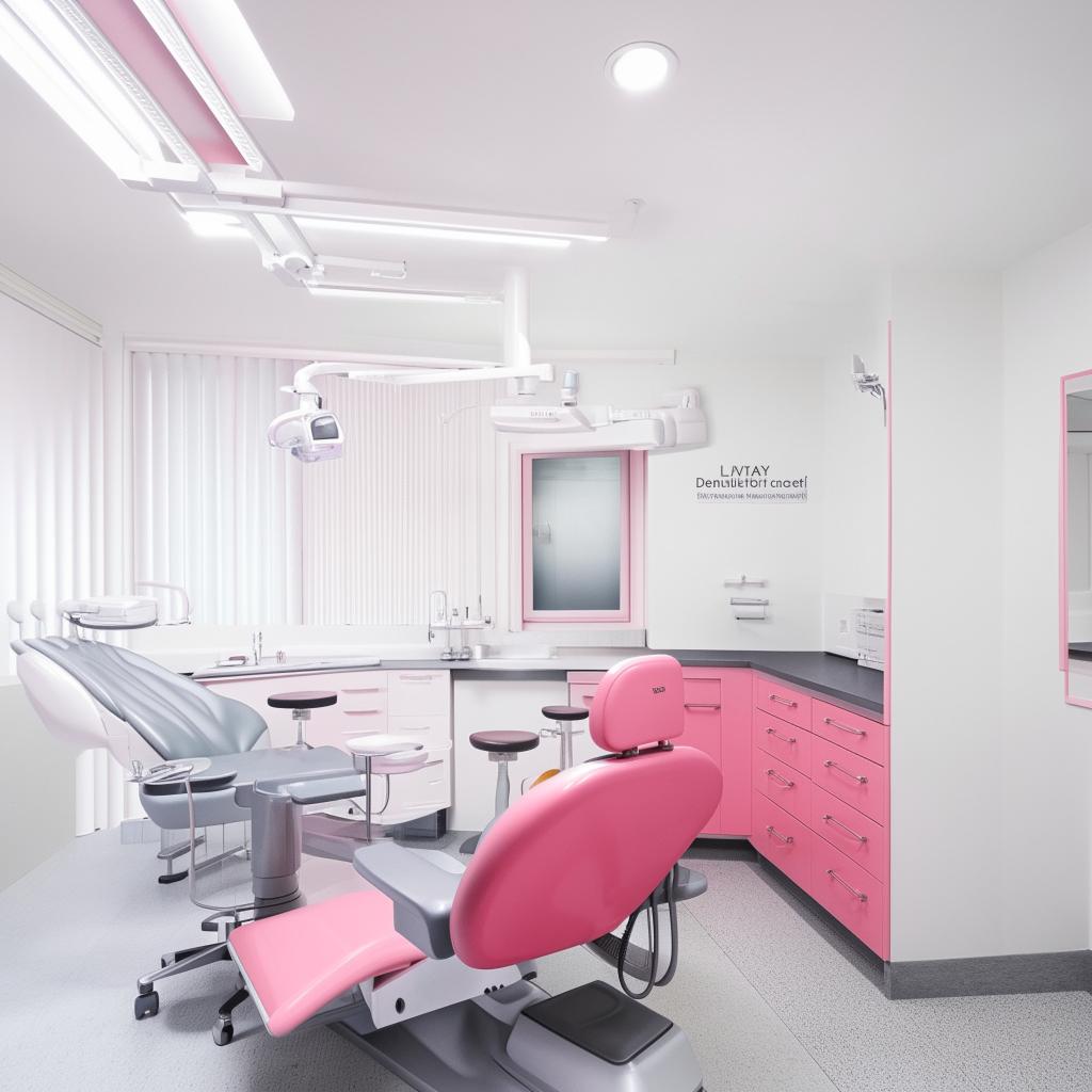 A cheerful dental unit featuring a pink dental chair, gray tiled floor, and the remaining elements, such as the walls, ceiling and cabinetry, in crisp white. The space radiates comfort and professionalism.