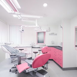 A cheerful dental unit featuring a pink dental chair, gray tiled floor, and the remaining elements, such as the walls, ceiling and cabinetry, in crisp white. The space radiates comfort and professionalism.