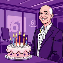 A vector illustration of Jeff Bezos celebrating his 61st birthday in a modern office setting