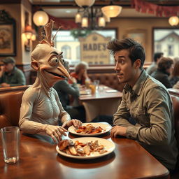 A humorous and surreal scene of a peeled chicken skin character on a blind date, sitting across from a surprised human partner at a cozy restaurant table