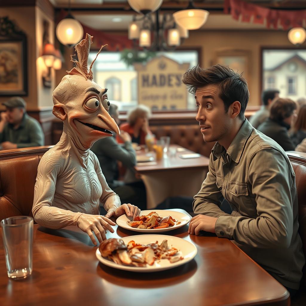 A humorous and surreal scene of a peeled chicken skin character on a blind date, sitting across from a surprised human partner at a cozy restaurant table